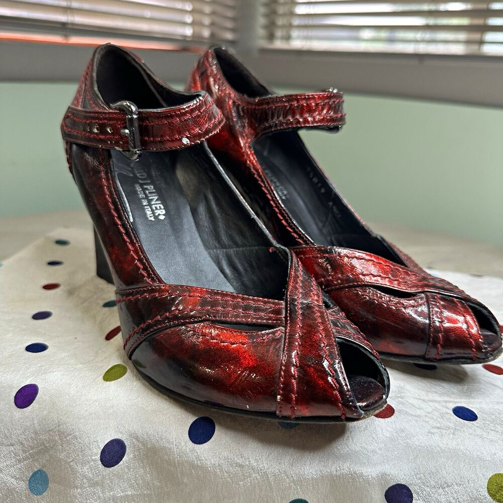 Donald J Pliner Red Leather Mary Jane Peep Toe Block Heel Buckle 7.5 M